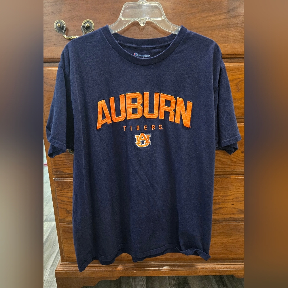 Auburn Navy Tshirt, Champion Brand, With Orange Satin Letters.